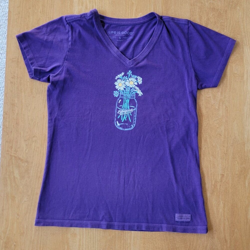 Life Is Good Purple V-Neck Daisies in Mason Jar Short Sleeve Crusher Tee - S - Picture 4 of 8